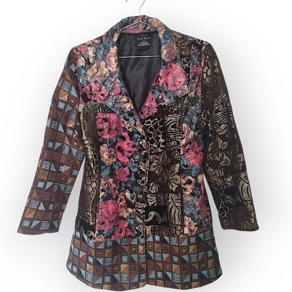 Sacred Threads Jacket Womens Sz S Patchwork Coat Boho‎ Hippie Artsy Festival Rag - Picture 1 of 16